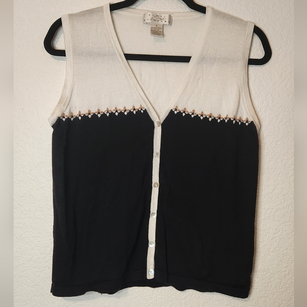 Scott & Sterling Black/White Sweater Vest Cardigan with Shell Buttons, Size S